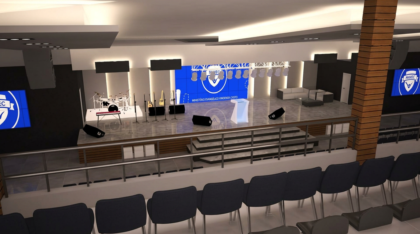 Render do novo templo — Palco e louvor