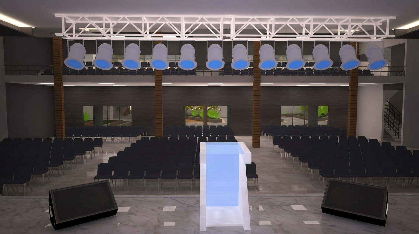 Render do novo templo — Nave e iluminação cênica
