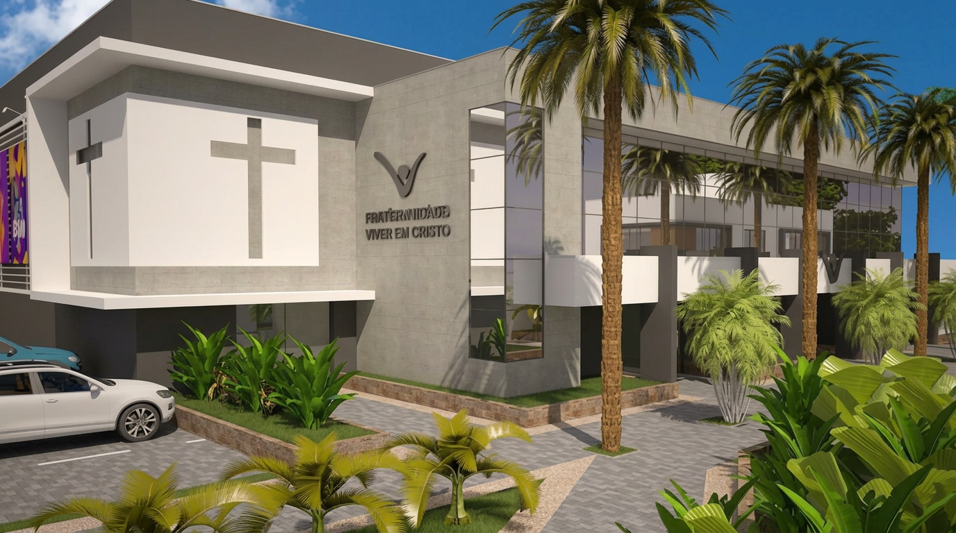 Render do novo templo — Fachada e jardins